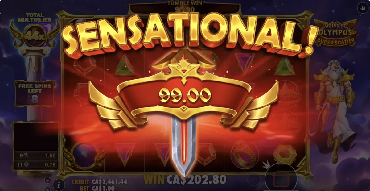 Gates of Olympus Super Scatter big win celebration screen in CAD